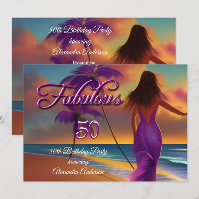 Invitación Fabuloso 50 cumpleaños Purple Beach Ocean dorado (Anverso / Reverso)