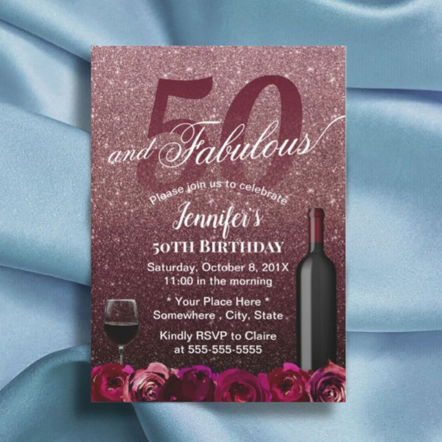 Invitación Fabuloso 50 cumpleaños Rosa Gold & Burgundy Floral (Subido por el creador)