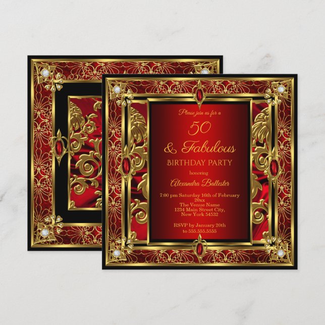 Invitación Fabuloso 50 cumpleaños Ruby Damask Gold Diamond (Anverso / Reverso)