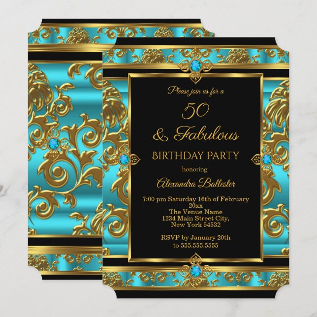 Invitación Fabuloso 50 cumpleaños Verde azulado Blue Jewel Da (Anverso / Reverso)