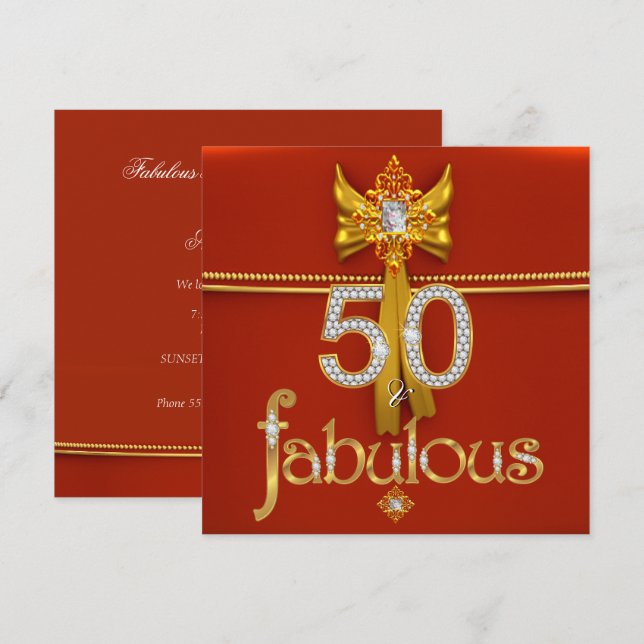Invitación Fabuloso 50 Diamond Gold Deep Red Birthday Party (Anverso / Reverso)