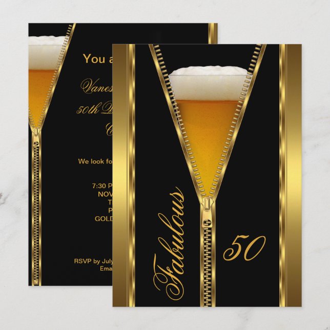Invitación Fabuloso 50 Elegante Bebida de Cerveza de Oro Zipp (Anverso / Reverso)