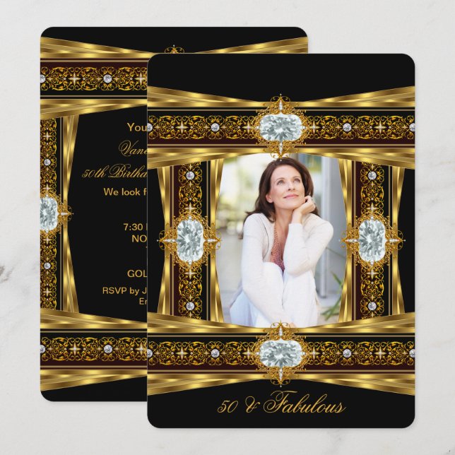 Invitación Fabuloso 50 Elegante Diamante Gem Gold Black Photo (Anverso / Reverso)