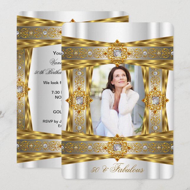 Invitación Fabuloso 50 Elegante Diamante Gem Oro Blanco Foto (Anverso / Reverso)