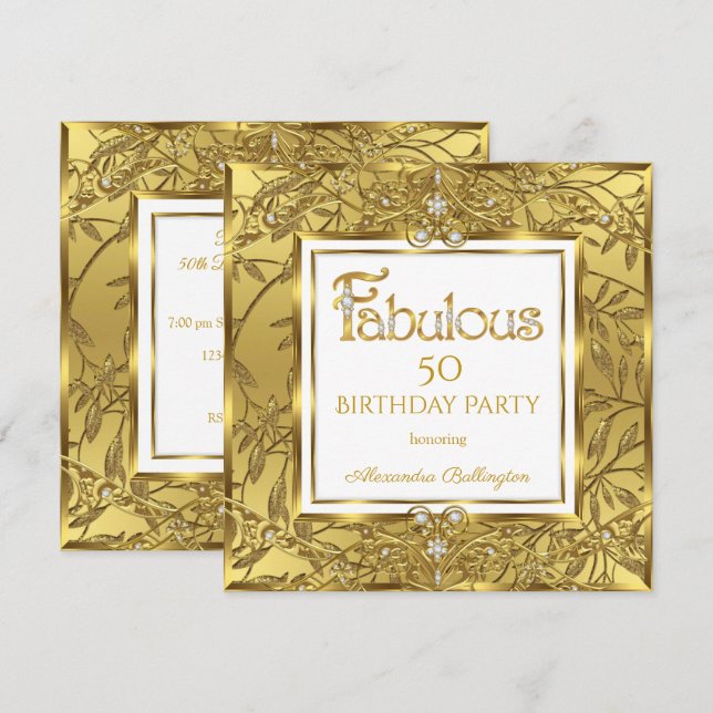 Invitación Fabuloso 50 Elegante Fiesta de Cumpleaños de Oro E (Anverso / Reverso)