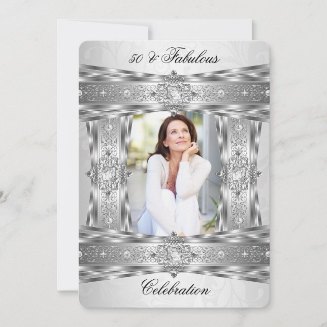 Invitación Fabuloso 50 Elegante Gema De Diamantes Plata Foto  (Anverso)
