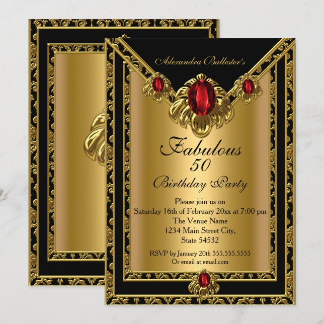 Invitación Fabuloso 50 Elegante Gema Rojo Damasco de Oro Cump (Anverso / Reverso)