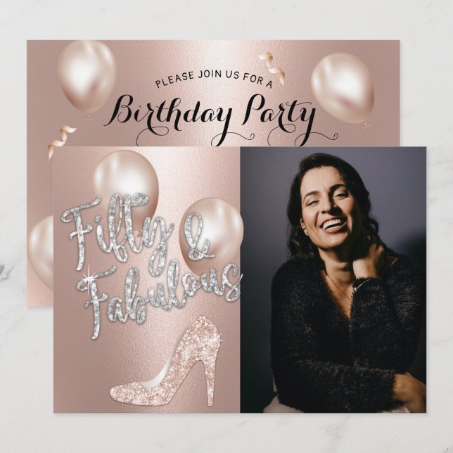 Invitación Fabuloso 50 Elegante Rosa Oro Foto 50 cumpleaños (Anverso / Reverso)