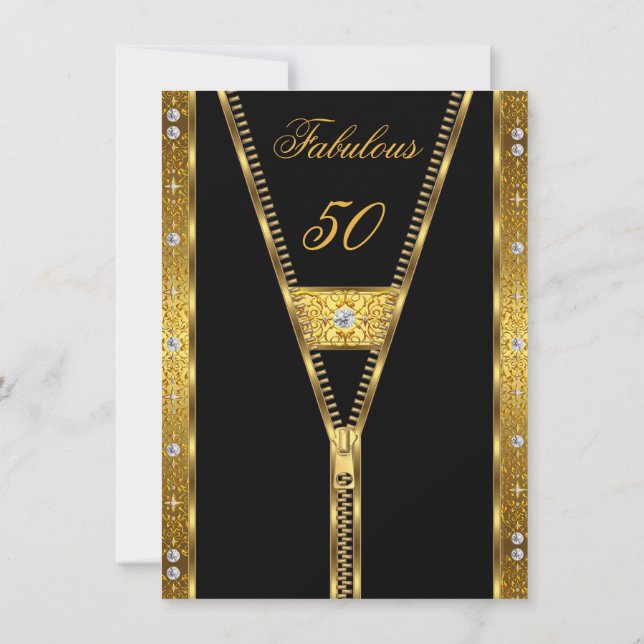Invitación Fabuloso 50 Elegante Zipper Diamond Gem Oro Negro (Reverso)