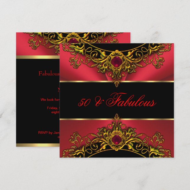 Invitación Fabuloso 50 Elite Red Black Gold Birthday (Anverso / Reverso)
