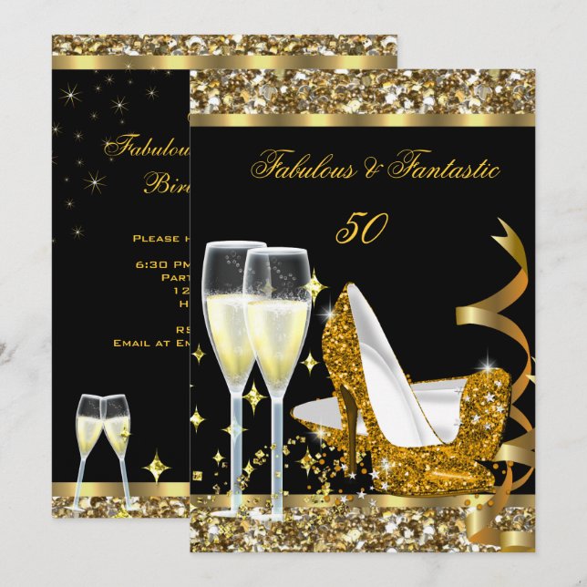Invitación Fabuloso 50 Fantástica Fiesta de Cumpleaños Dorado (Anverso / Reverso)