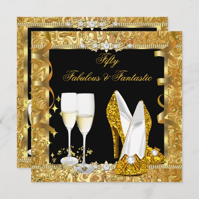 Invitación Fabuloso 50 Fantástica Fiesta de Cumpleaños Negro  (Anverso / Reverso)