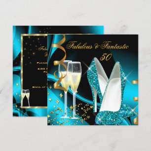 Invitación Fabuloso 50 Fantástico Abstracto Azul Teal Dorado