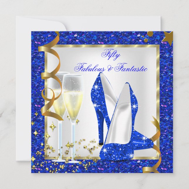 Invitación Fabuloso 50 Fantástico Blue White Gold Cumpleaños (Anverso)
