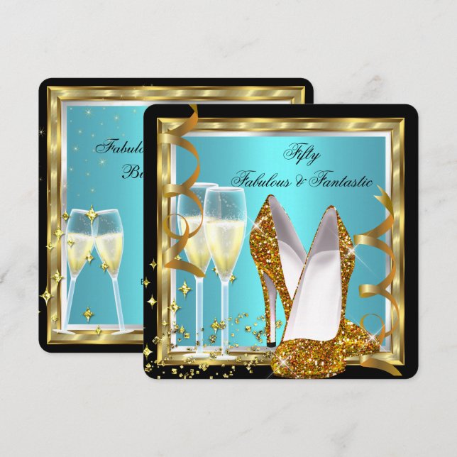 Invitación Fabuloso 50 Fantástico Cumpleaños Blanco Turquesa  (Anverso / Reverso)