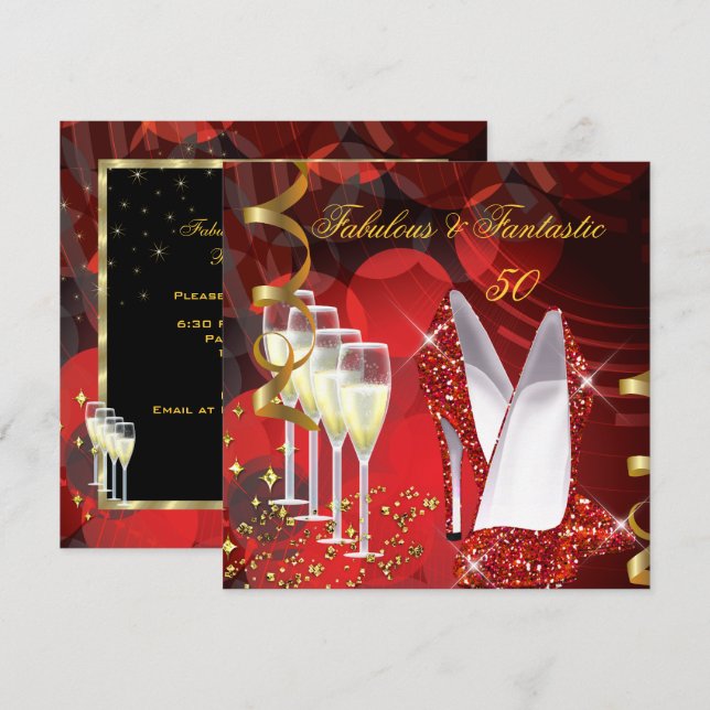 Invitación Fabuloso 50 Fantástico Cumpleaños Champán Rojo Oro (Anverso / Reverso)