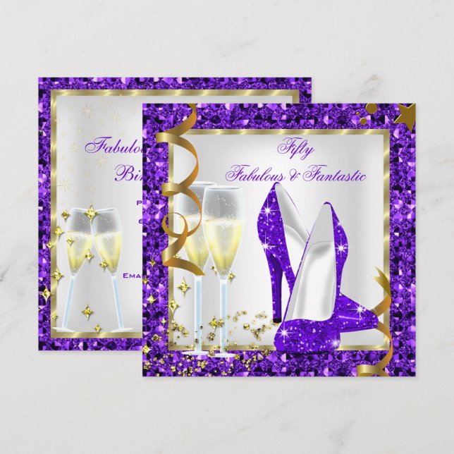 Invitación Fabuloso 50 Fantástico Cumpleaños Púrpura Blanco D (Anverso / Reverso)