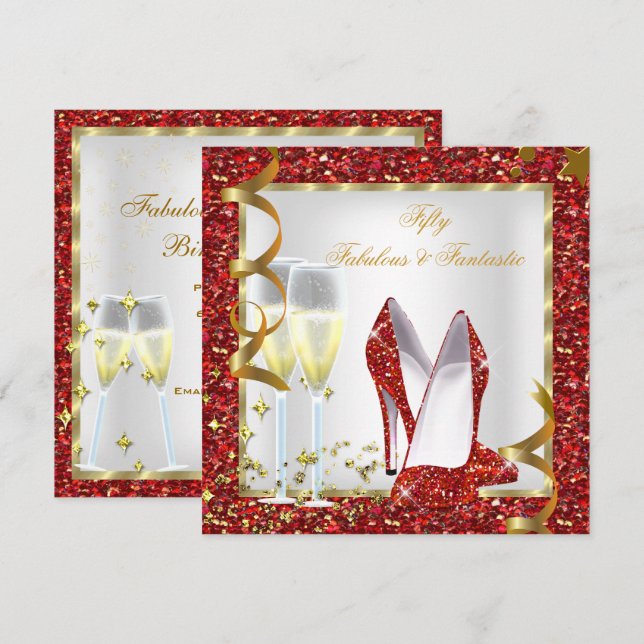 Invitación Fabuloso 50 Fantástico Cumpleaños Rojo Blanco Oro (Anverso / Reverso)