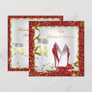 Invitación Fabuloso 50 Fantástico Cumpleaños Rojo Blanco Oro