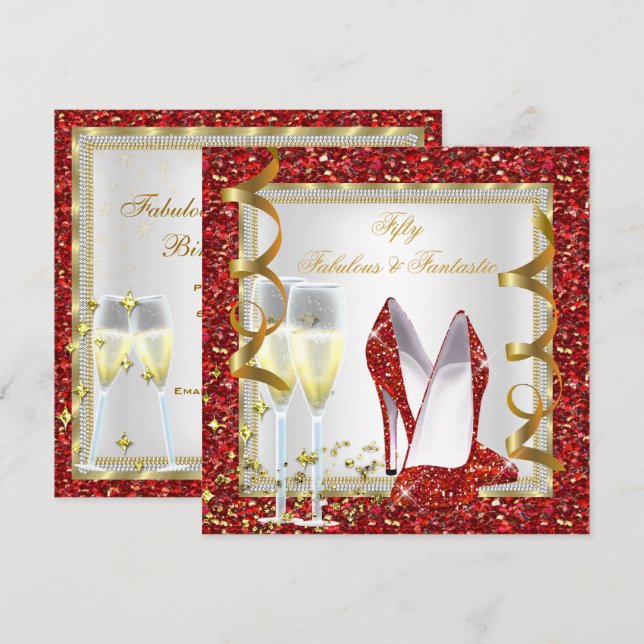 Invitación Fabuloso 50 Fantástico Cumpleaños Rojo Blanco Oro  (Anverso / Reverso)