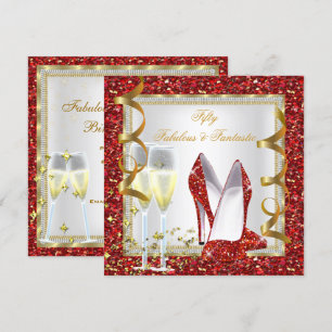 Invitación Fabuloso 50 Fantástico Cumpleaños Rojo Blanco Oro