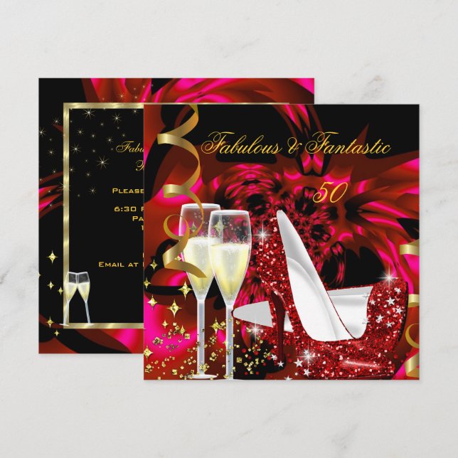 Invitación Fabuloso 50 Fantástico Cumpleaños Rojo Oro Abstrac (Anverso / Reverso)