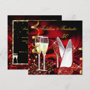 Invitación Fabuloso 50 Fantástico Cumpleaños Rojo Oro Abstrac