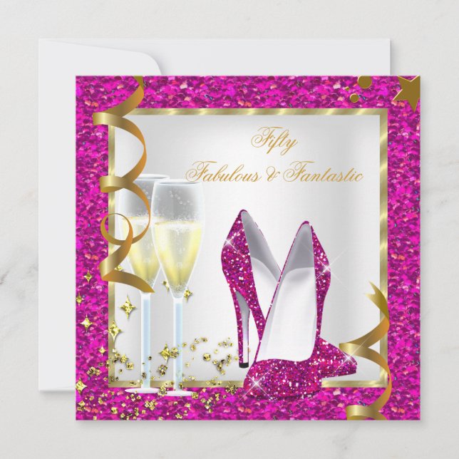 Invitación Fabuloso 50 Fantástico Cumpleaños Rosa Blanco Oro (Anverso)