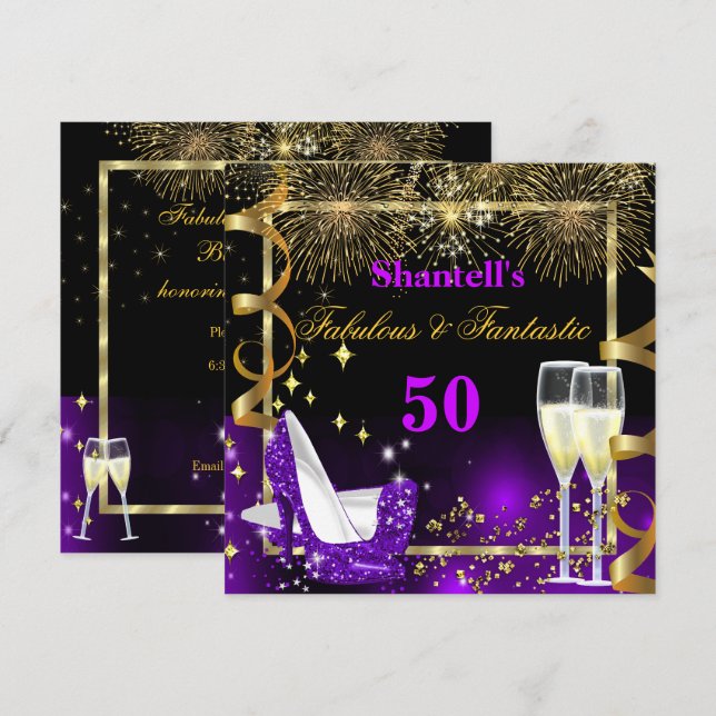 Invitación Fabuloso 50 Fantástico Fiesta de oro morado (Anverso / Reverso)