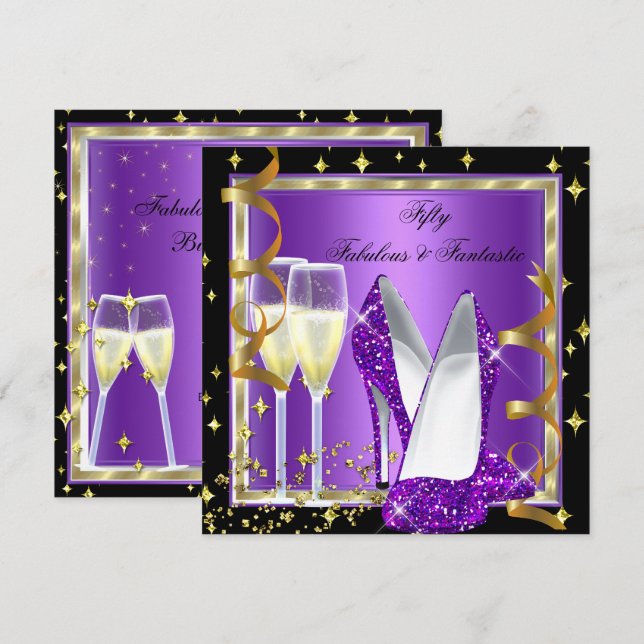 Invitación Fabuloso 50 Fantástico Fiesta de oro negro púrpura (Anverso / Reverso)