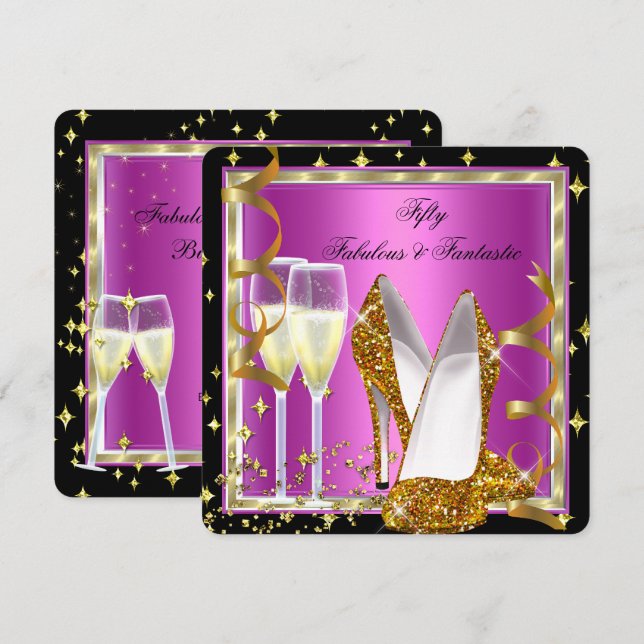 Invitación Fabuloso 50 Fantástico Fiesta Rosa Negro Blanco Do (Anverso / Reverso)