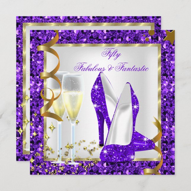 Invitación Fabuloso 50 Fantastico Purple White Gold Cumpleaño (Anverso / Reverso)