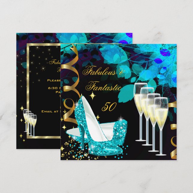 Invitación Fabuloso 50 Fantástico Verde azulado Gold Champagn (Anverso / Reverso)