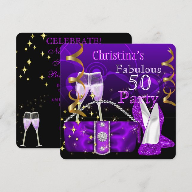 Invitación Fabuloso 50 Fantásticos Techos Altos Púrpura Champ (Anverso / Reverso)