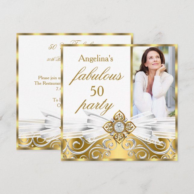 Invitación Fabuloso 50 Faux de oro blanco Diamante Foto Cumpl (Anverso / Reverso)