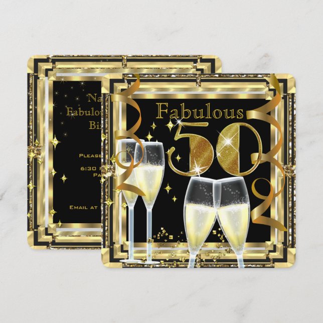 Invitación Fabuloso 50 Festival Champagne Deco Gold (Anverso / Reverso)