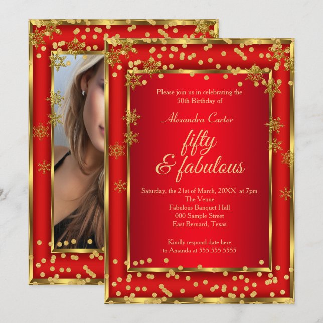 Invitación Fabuloso 50 fiesta de copo de nieve de oro con fot (Anverso / Reverso)