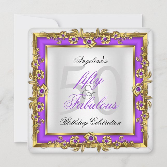 Invitación Fabuloso 50 Fiesta de cumpleaños Purple White Gold (Anverso)