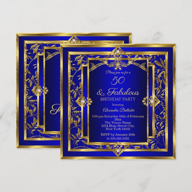 Invitación Fabuloso 50 Fiesta de cumpleaños Royal Blue Gold D (Anverso / Reverso)