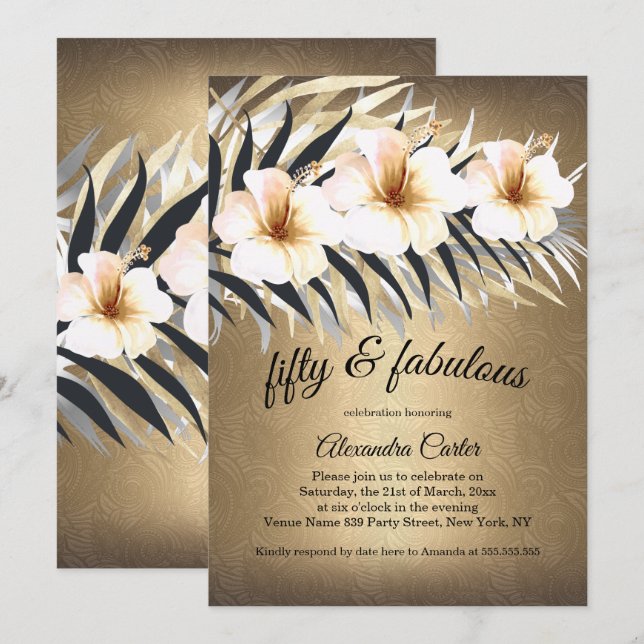Invitación Fabuloso 50 fiesta de Hibiscus Beige-Plata Marrón (Anverso / Reverso)