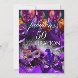 Invitación Fabuloso 50 Fiesta de máscaras de globos morados