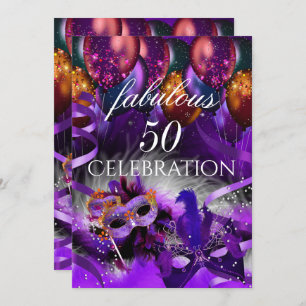 Invitación Fabuloso 50 Fiesta de máscaras de globos morados