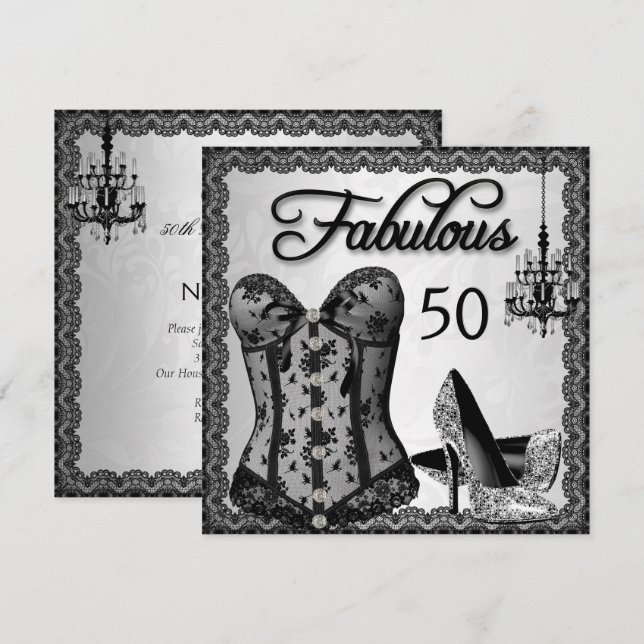 Invitación Fabuloso 50 Fiesta de tacones altos Black Silver C (Anverso / Reverso)