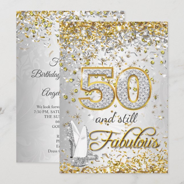 Invitación Fabuloso 50 fiesta de tacones altos de oro platead (Anverso / Reverso)