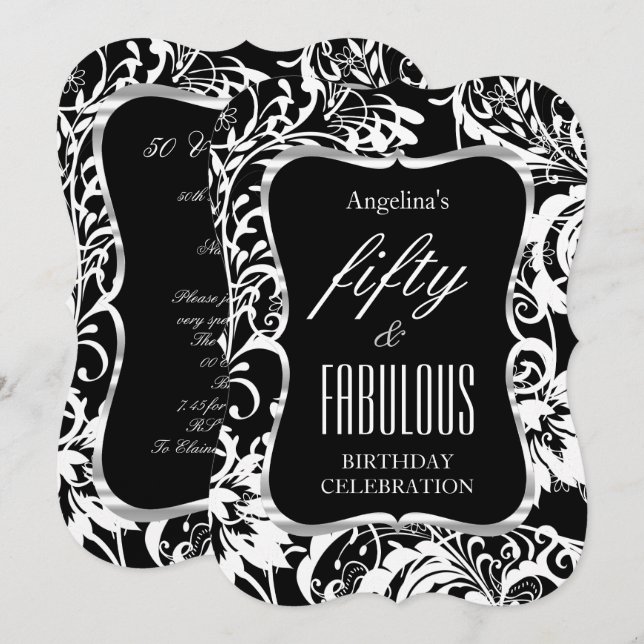 Invitación Fabuloso 50 Fiesta elegante floral blanca negra (Anverso / Reverso)