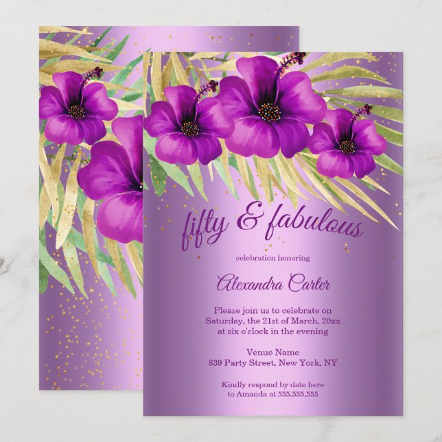 Invitación Fabuloso 50 fiesta floral Lilac púrpura Hibiscus (Anverso / Reverso)