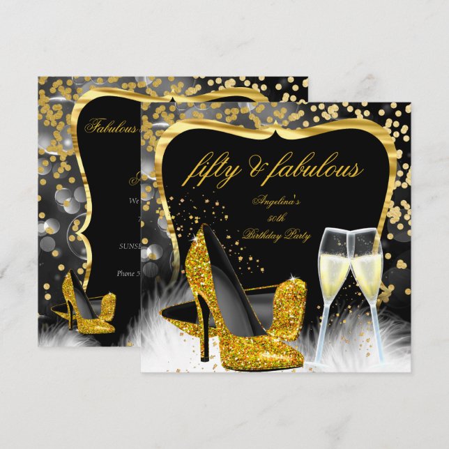 Invitación Fabuloso 50 Fiestas Black Gold Champagne de alto t (Anverso / Reverso)