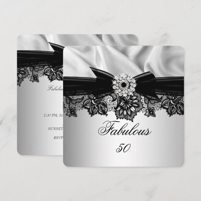 Invitación Fabuloso 50 Fiestas Elegante Jewel de seda negro p (Anverso / Reverso)