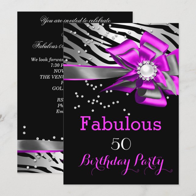 Invitación Fabuloso 50 Fiestas Pink Zebra Black Silver Pearl (Anverso / Reverso)