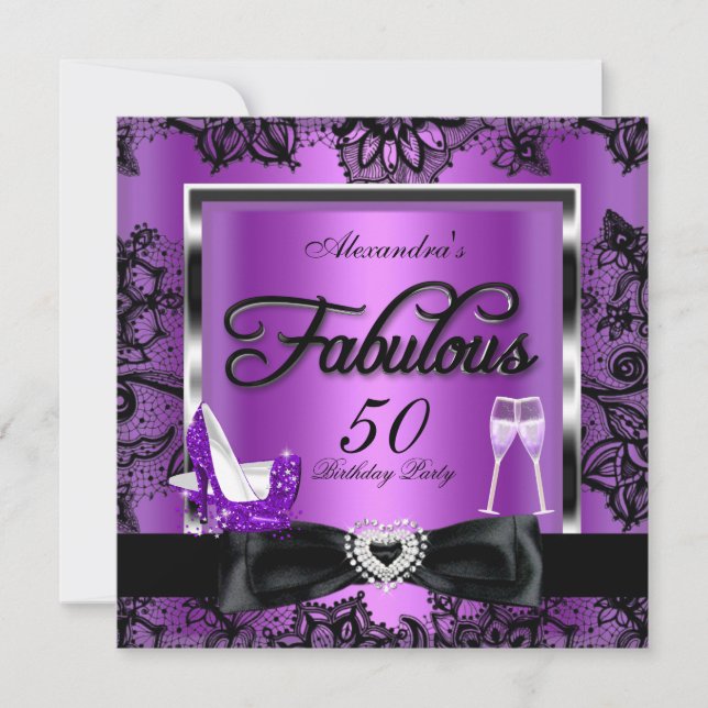Invitación Fabuloso 50 Fiestas Purple Champagne High Heels (Anverso)